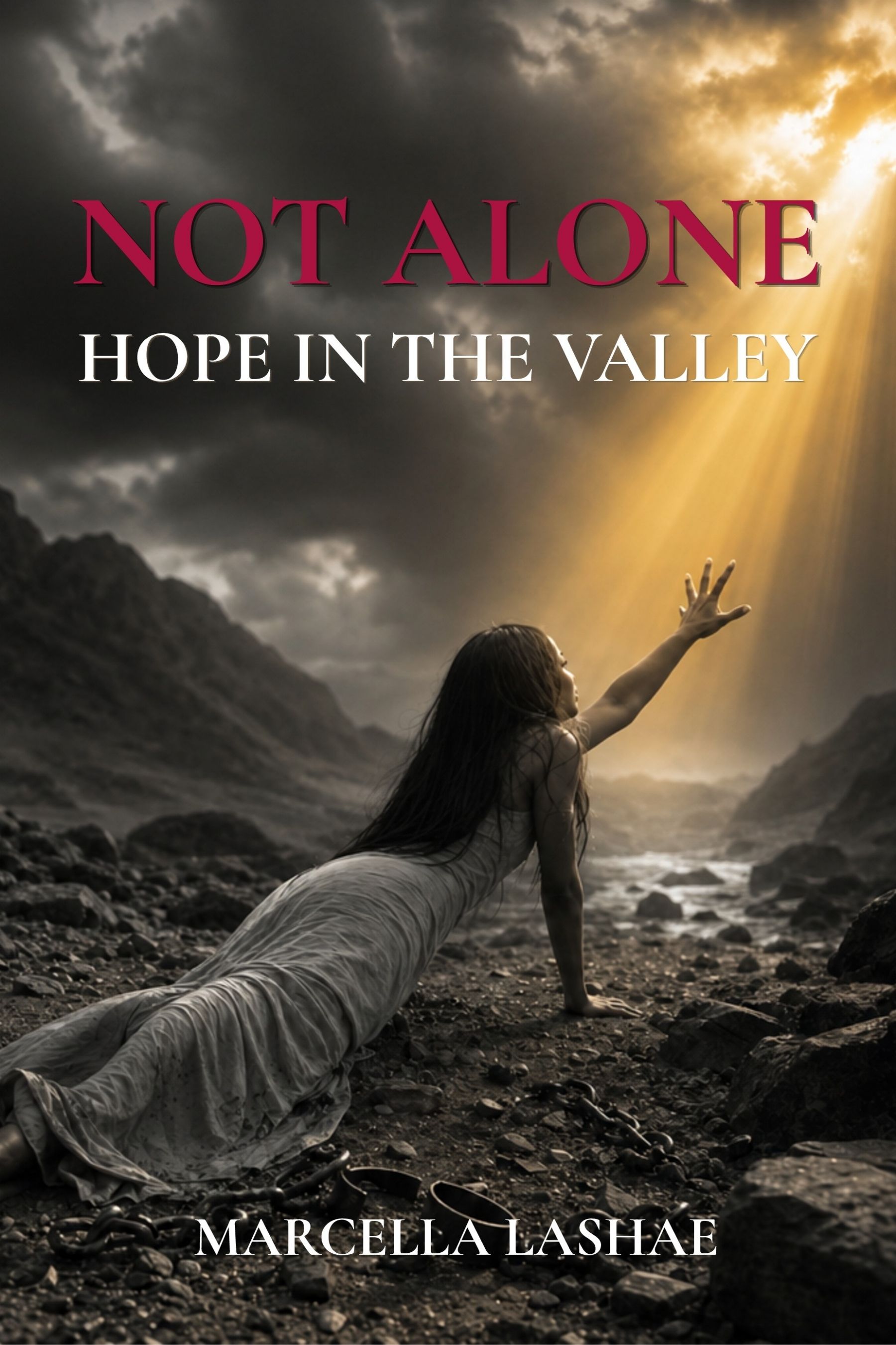 Book cover of Not Alone: Hope in the Valley by Marcella LaShae — a divine golden light breaking through storm clouds over a dark, brooding landscape