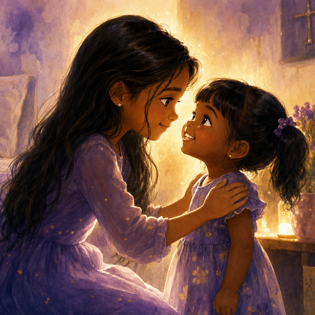 Bella and Gracie, two sisters in purple dresses, sharing a tender moment in golden light with a cross glowing in the window