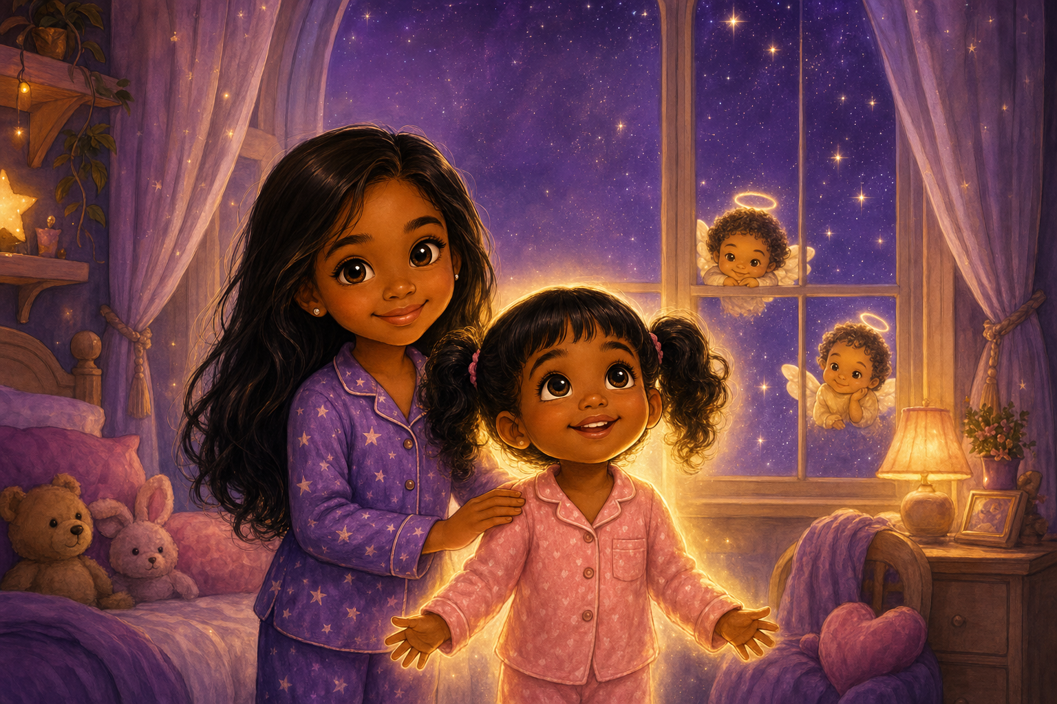 Bella and Gracie tucked in at bedtime while angels watch through the window