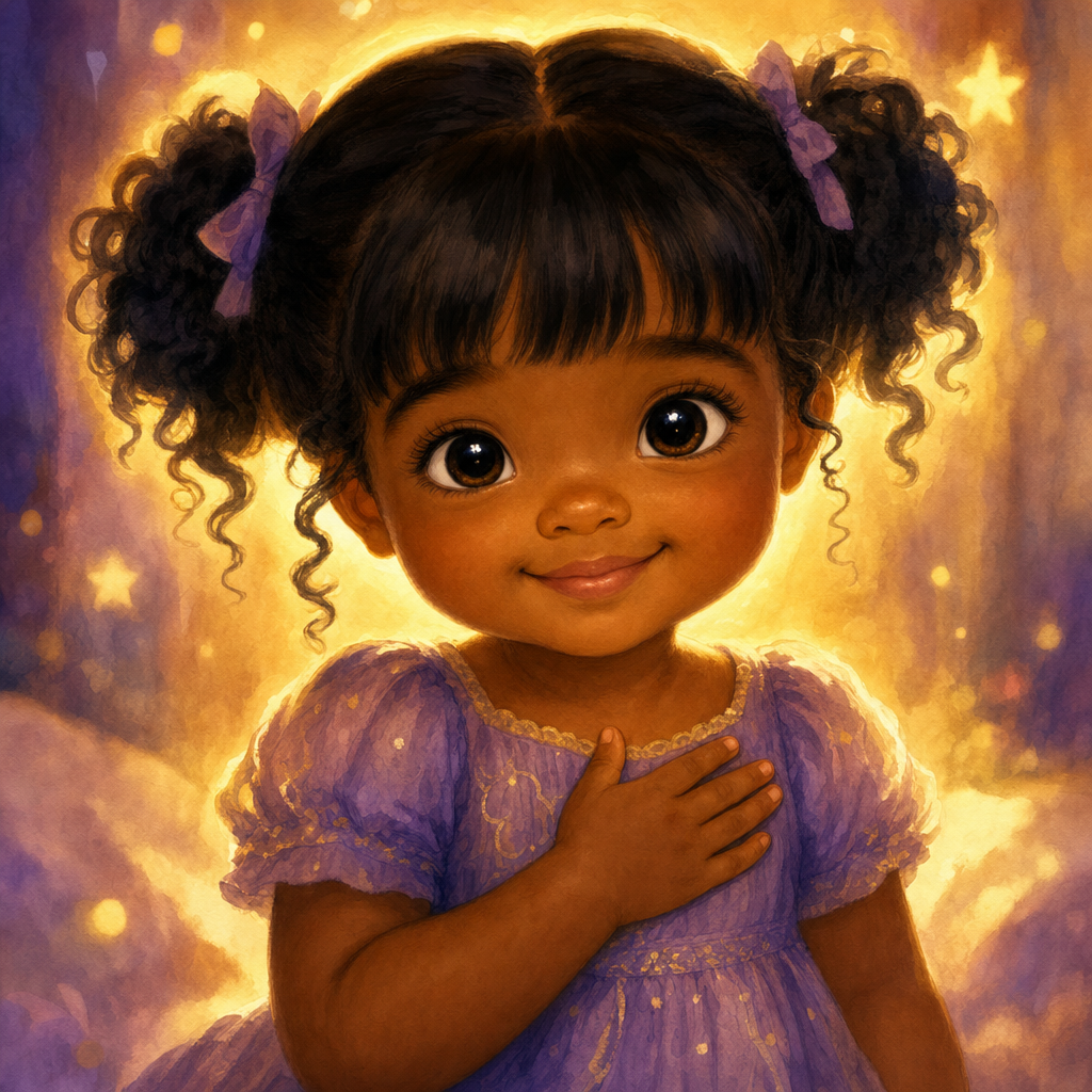 Gracie, a young girl with curly pigtails in a purple dress, glowing with golden light