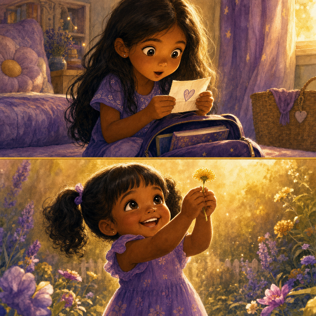 Two-panel storybook illustration: a girl reading a letter, and a sunny meadow with a dandelion