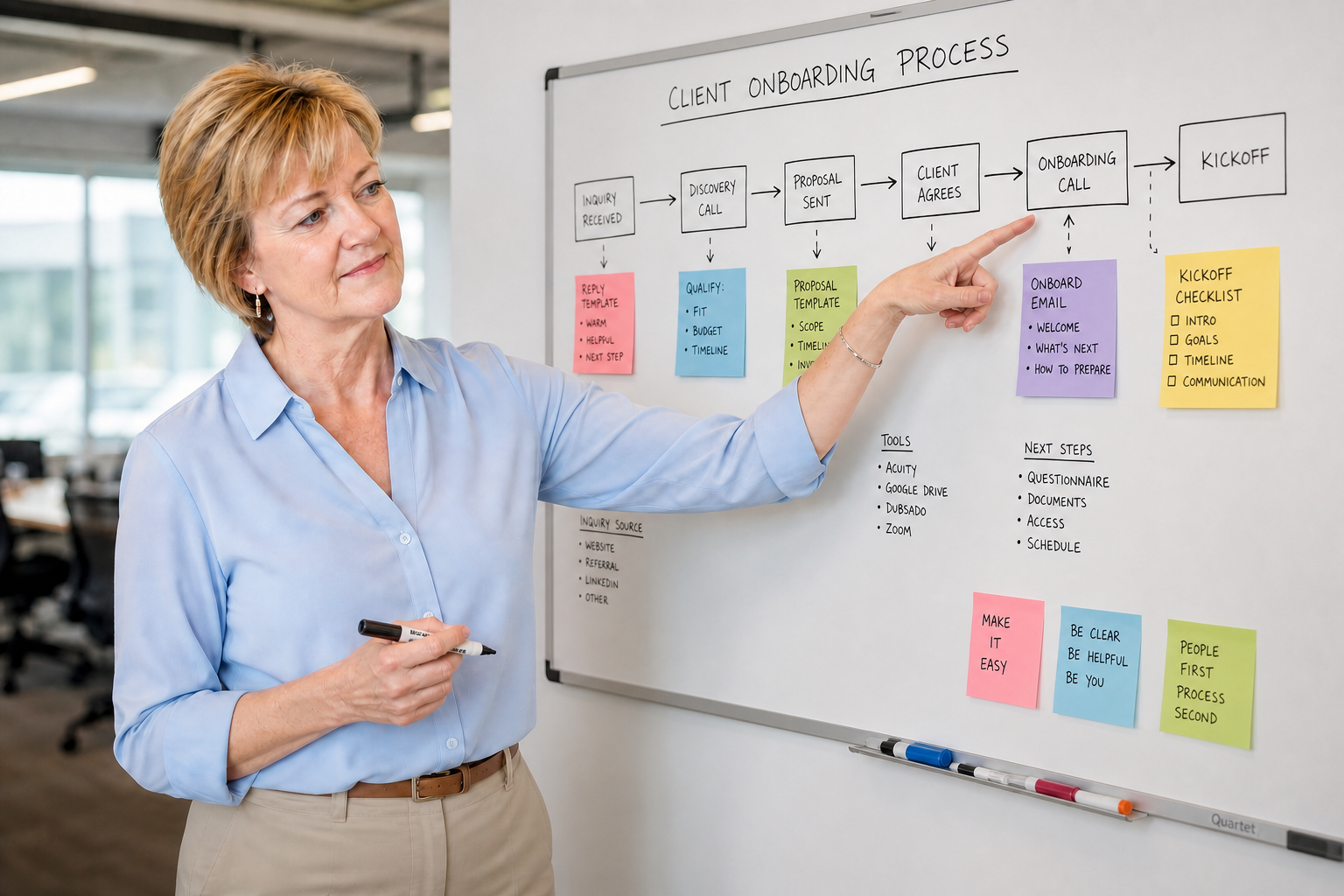 Jeanie Lemaster in a bright modern office, presenting a client onboarding process flowchart on a whiteboard