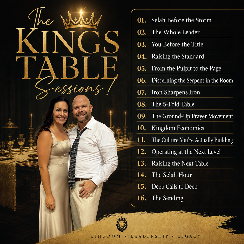 The Kings Table Sessions promotional graphic — gold crown crest, an elegantly dressed couple at a royal banquet table with candelabras, and sixteen gold session titles on black